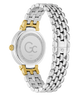 Caseback of Gc Allure Mid Size Metal Watch with a silver and gold band on a white background