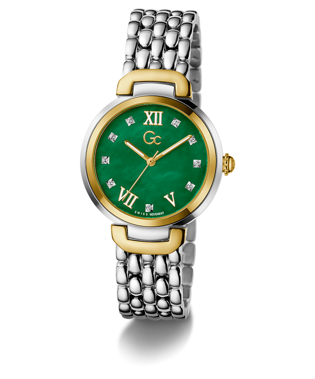 Gc Allure Mid Size Metal Watch with green dial and gold accents on a white background
