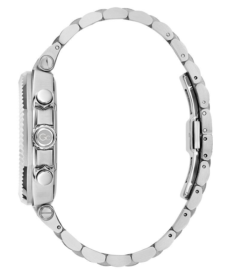side of Gc Atlas Chrono Metal of a silver watch with a detailed band on a white background