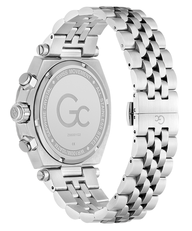 Caseback of Gc Atlas Chrono Metal Silver watch with a detailed face and chain-like band on a white background
