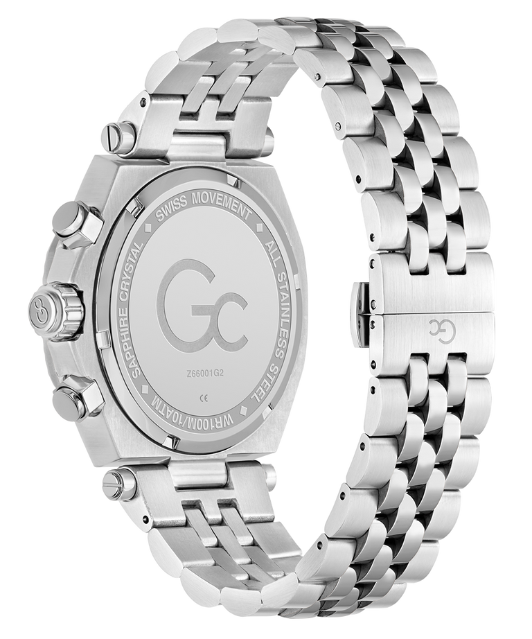 Caseback of Gc Atlas Chrono Metal Silver watch with a detailed face and chain-like band on a white background