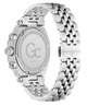 Caseback of Gc Atlas Chrono Metal Silver watch with a detailed face and chain-like band on a white background
