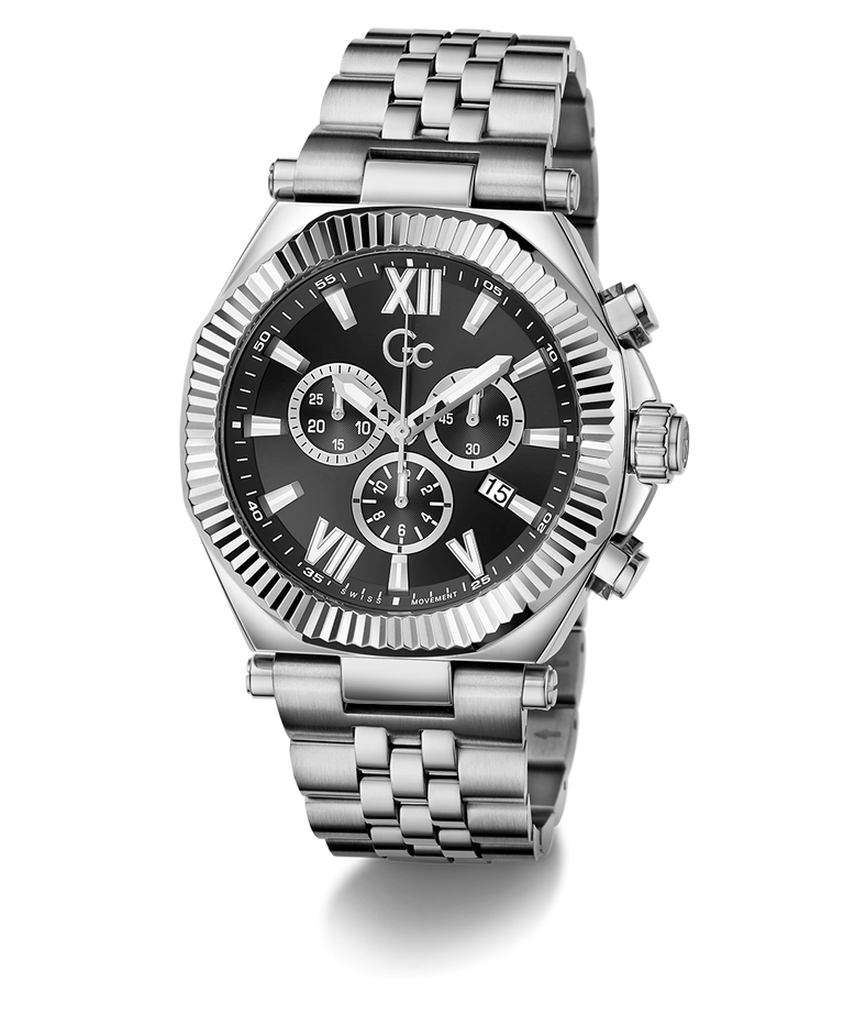 Gc Atlas Chrono Metal Silver watch with a black dial on a white background