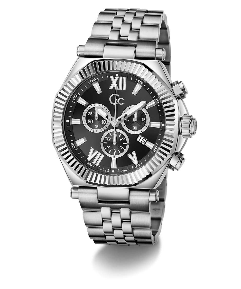 Gc Atlas Chrono Metal Silver watch with a black dial on a white background