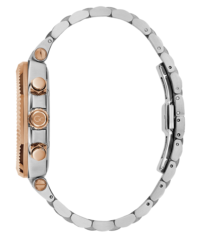 Close-up of a silver and rose gold watch on a white background