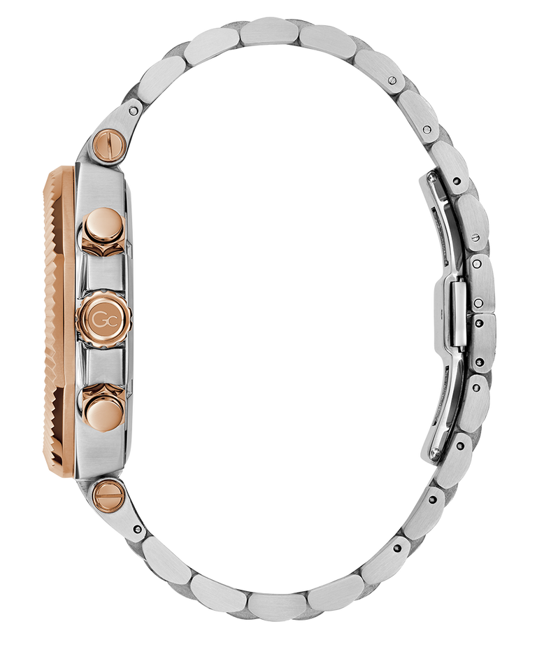 Close-up of a silver and rose gold watch on a white background