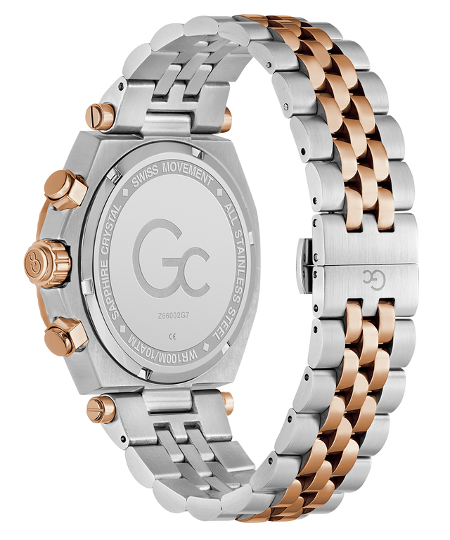 caseback of Gc Atlas Chrono Metal  Watch with a two-tone metal strap on a white background