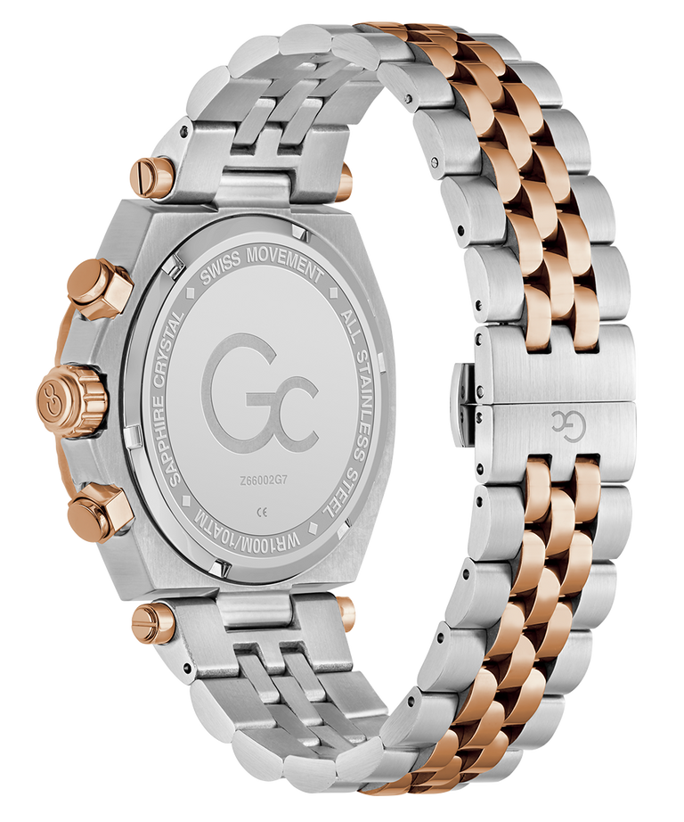 caseback of Gc Atlas Chrono Metal  Watch with a two-tone metal strap on a white background