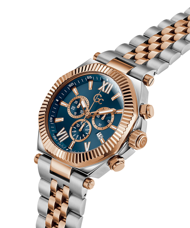 Gc Atlas Chrono Metal watch with rose gold and silver metal band on white background lifestyle