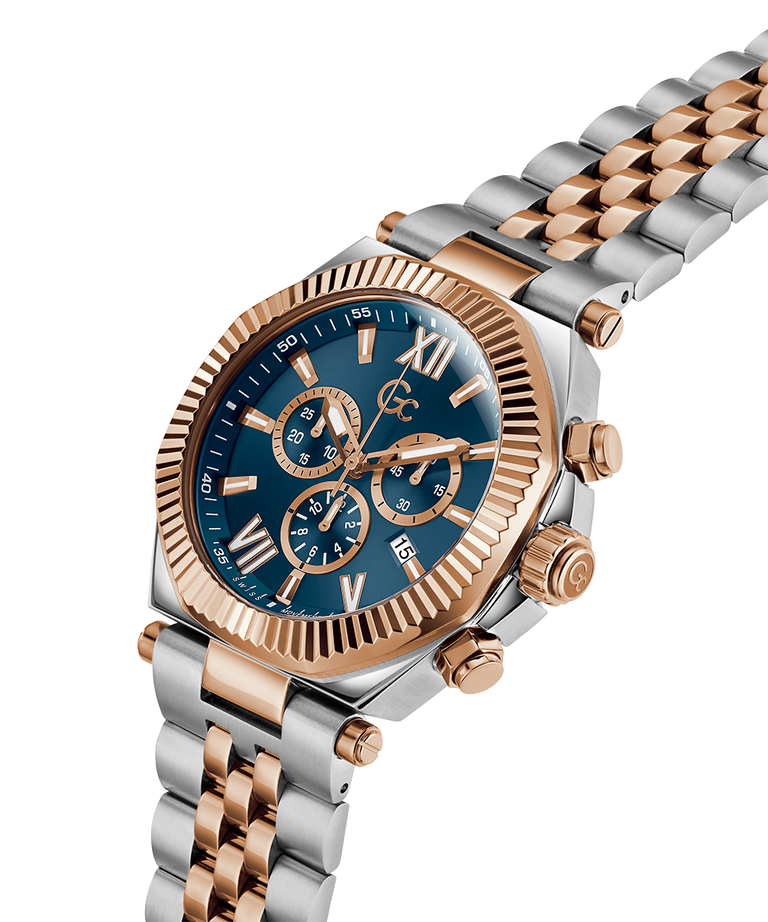 Gc Atlas Chrono Metal watch with rose gold and silver metal band on white background lifestyle