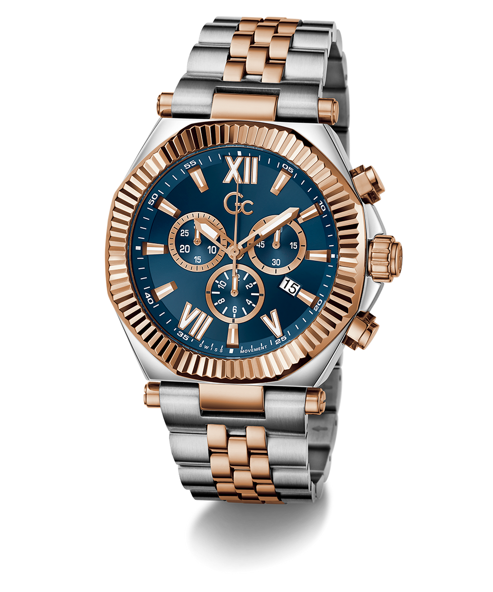 Gc Atlas Chrono Metal Two-tone watch with blue dial and gold accents on a white background