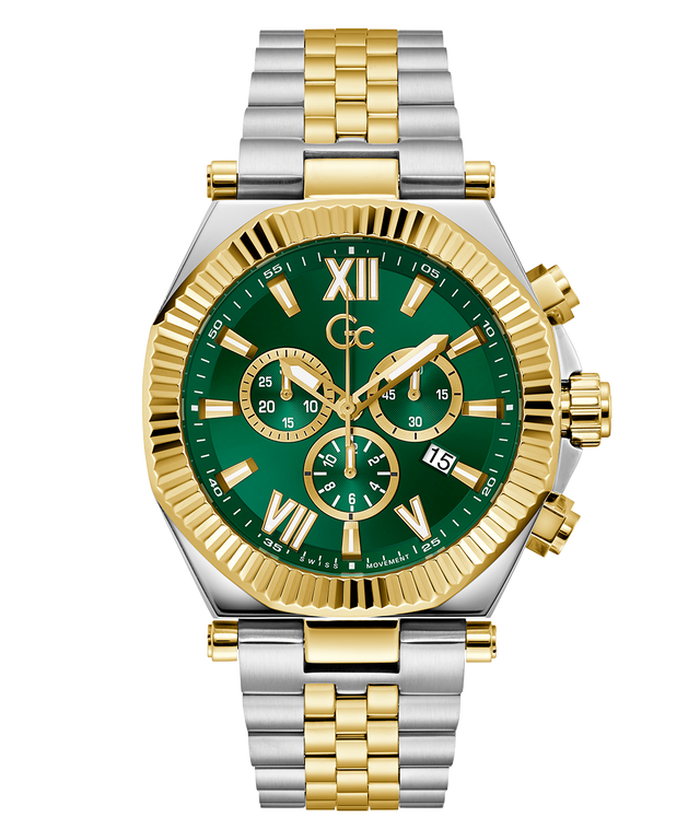 Two-tone silver and gold Gc Atlas Chrono Metal  watch with a green dial on a white background