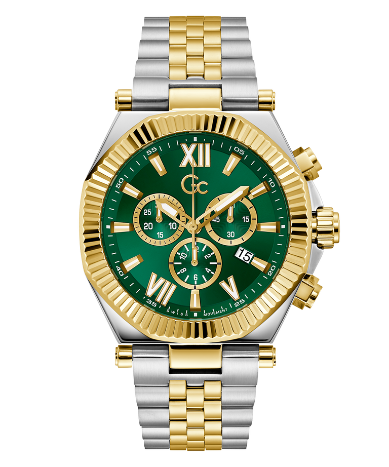 Two-tone silver and gold Gc Atlas Chrono Metal  watch with a green dial on a white background