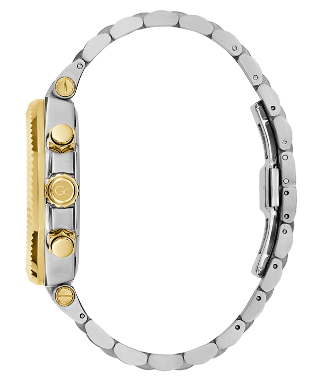 Close-up of a Gc Atlas Chrono Metal watch with a silver and gold band on a white background