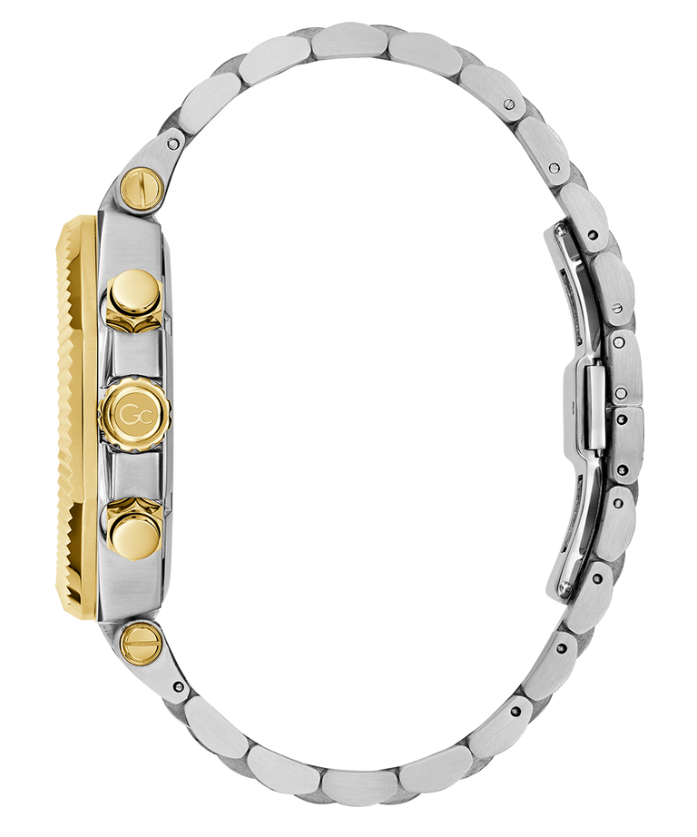 Close-up of a Gc Atlas Chrono Metal watch with a silver and gold band on a white background