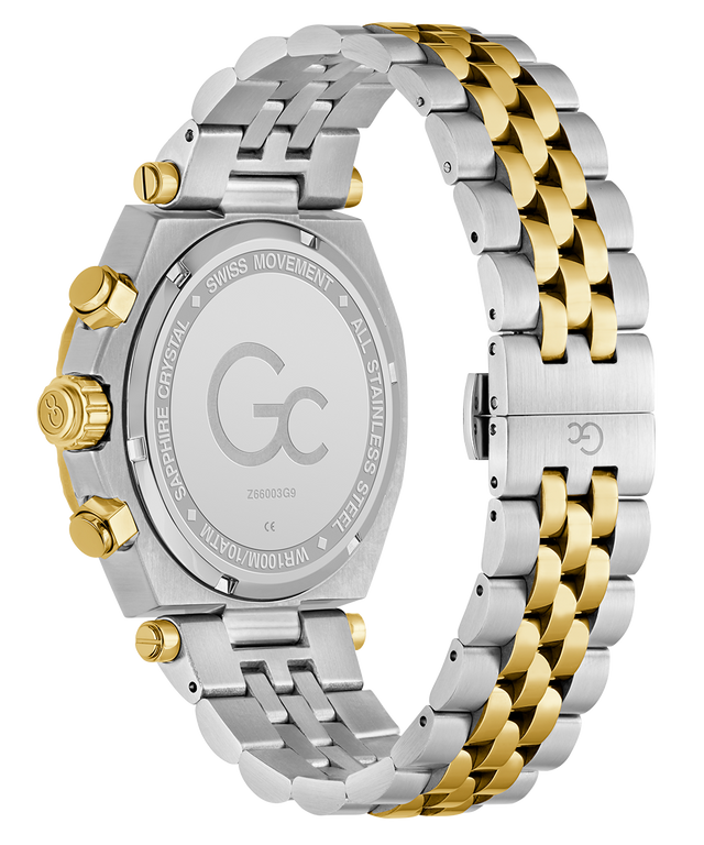 Gc Atlas Chrono Metal Watch with two-tone silver and gold bracelet on a white background