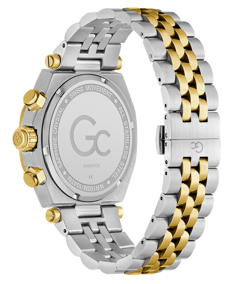 Gc Atlas Chrono Metal Watch with two-tone silver and gold bracelet on a white background