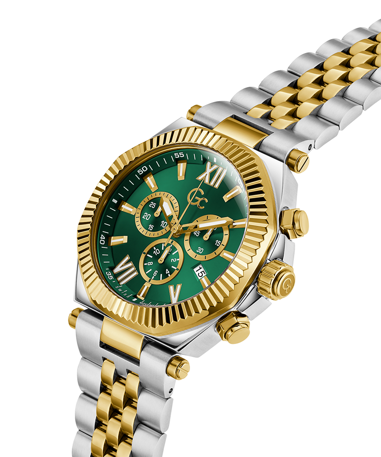 Two-tone silver and gold Gc Atlas Chrono Metal watch with a green face on a white background lifestyle