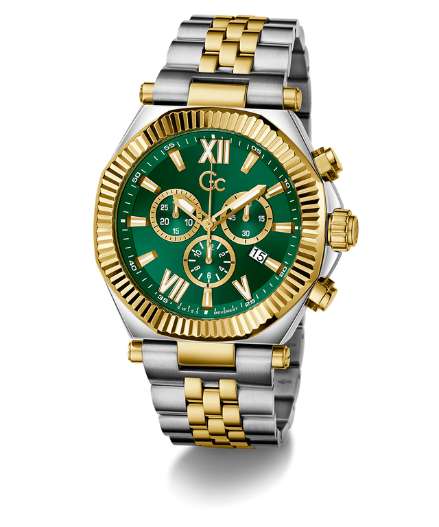 Two-tone silver and gold Gc Atlas Chrono Metal watch with a green dial on a white background