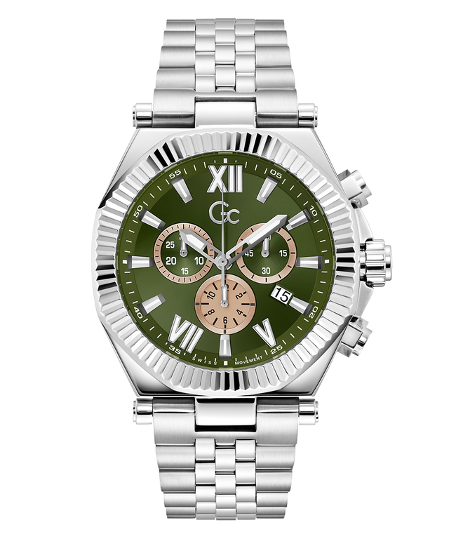  Gc Atlas Chrono Metal Silver watch with a green dial on a white background