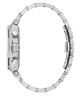 Side of of a silver watch with a detailed band on a white background