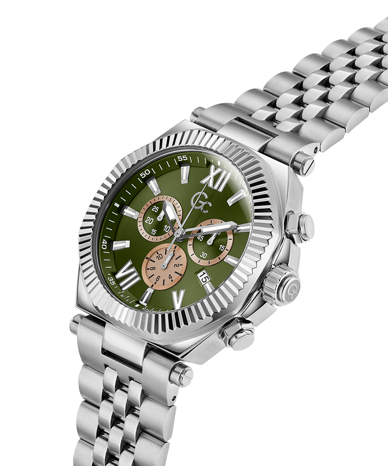 Gc Atlas Chrono Metal Silver watch with a green dial on a white background lifestyle