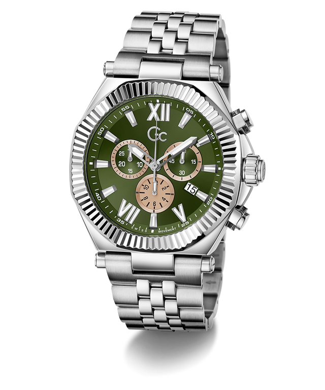 Gc Atlas Chrono Metal Silver watch with a green dial on a white background