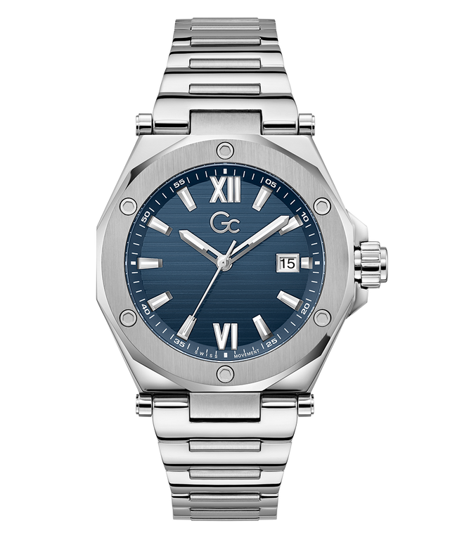 Gc Legacy Sleek Metal watch with a blue dial on a white background