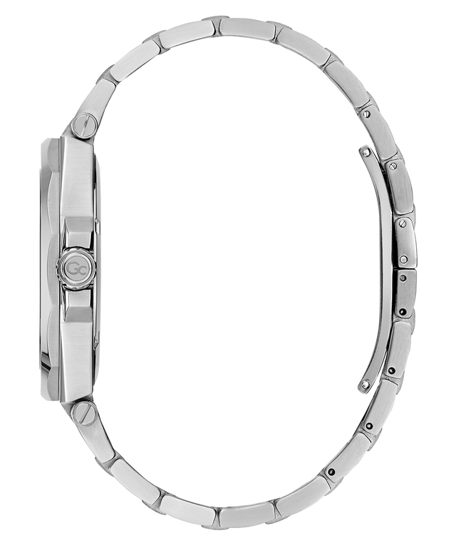 Side of Gc Legacy Sleek Metal Silver watch strap on a white background