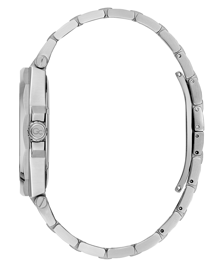 Side of Gc Legacy Sleek Metal Silver watch strap on a white background