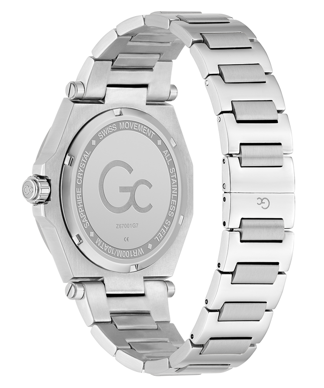 Caseback of Gc Legacy Sleek Metal Silver watch with a metallic band on a white background