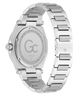 Caseback of Gc Legacy Sleek Metal Silver watch with a metallic band on a white background