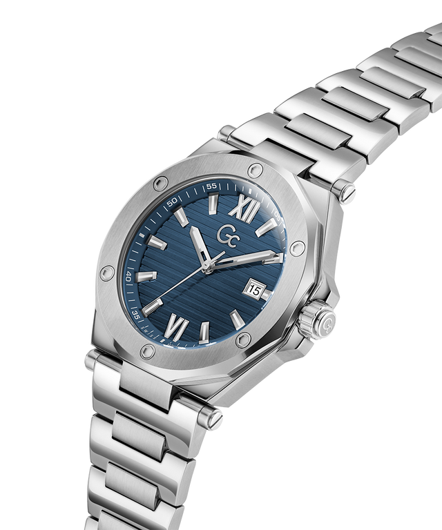 Gc Legacy Sleek Metal Silver watch with a blue dial on a white background lifestyle