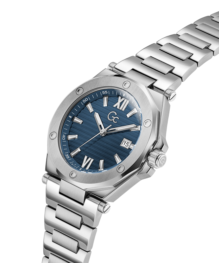 Gc Legacy Sleek Metal Silver watch with a blue dial on a white background lifestyle