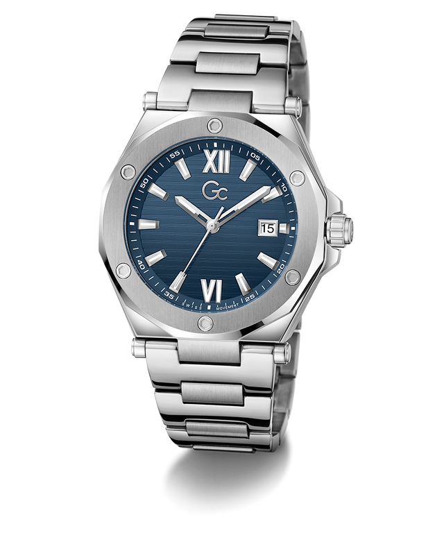 Gc Legacy Sleek Metal Silver watch with a blue dial on a white background