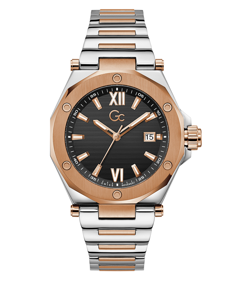 Gc Legacy Sleek Metal Two-tone watch with rose gold and silver band on a white background