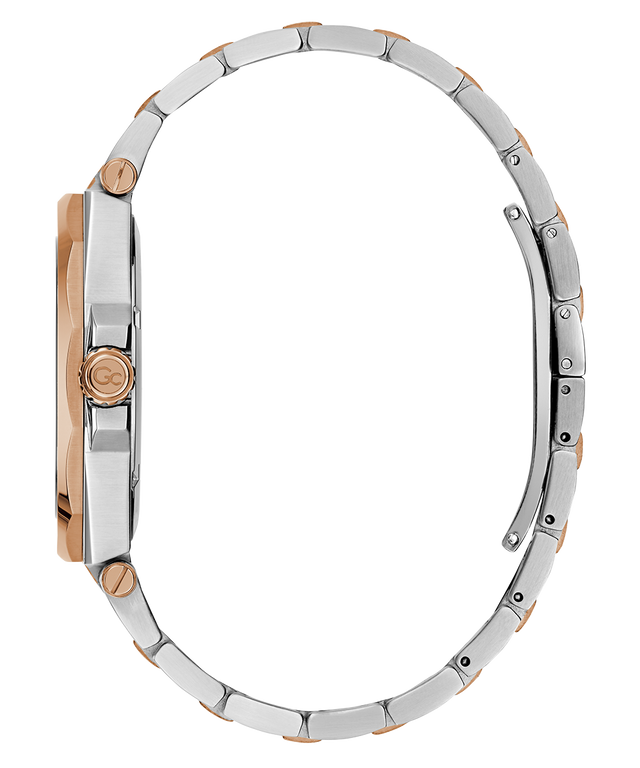 Side of a Gc Legacy Sleek Metal silver and rose gold watch band on a white background