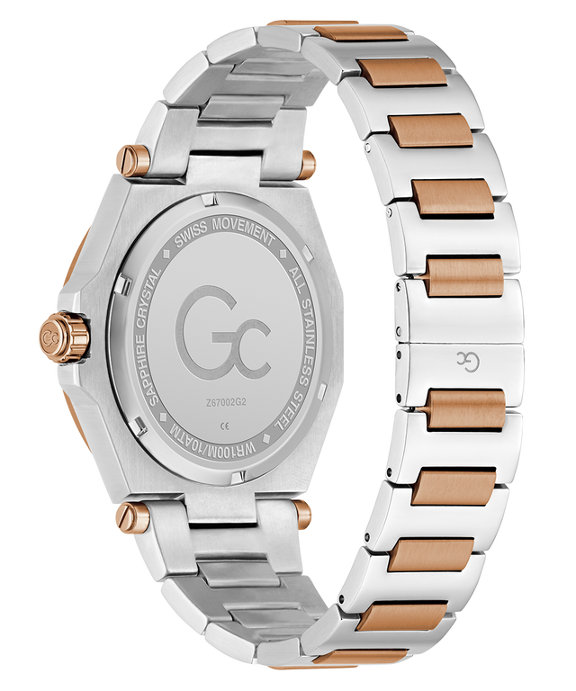 Gc Legacy Sleek Metal Silver and rose gold watch with 'GC' branding on a white background