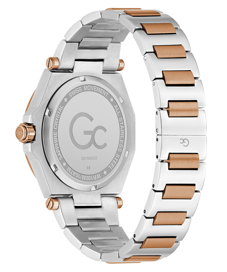 Gc Legacy Sleek Metal Silver and rose gold watch with 'GC' branding on a white background