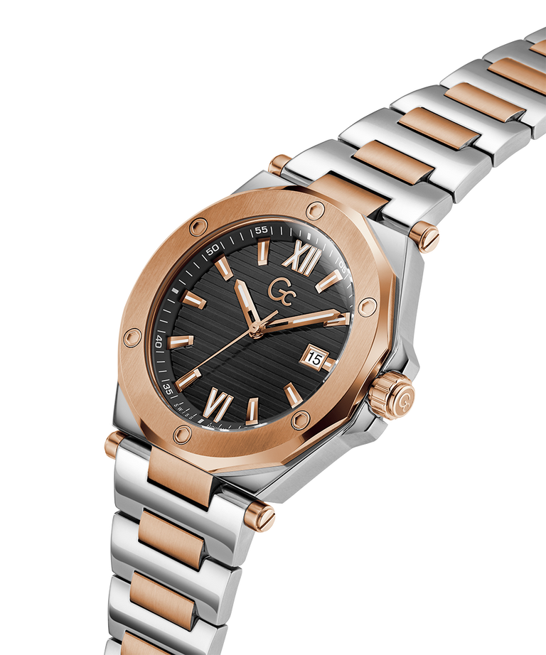 Gc Legacy Sleek Metal watch with silver and rose gold band on a white lifestylebackground
