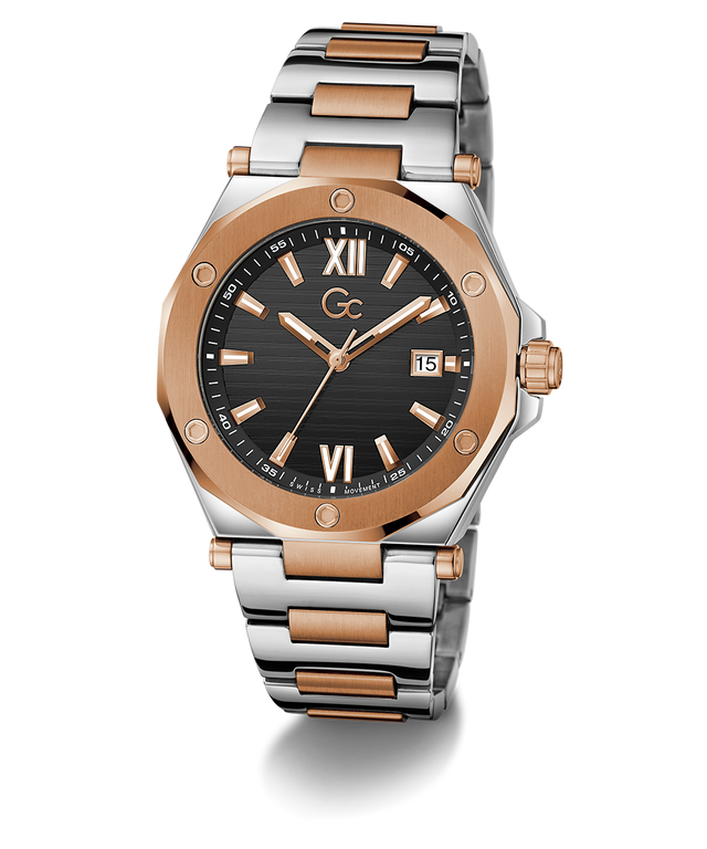 Gc Legacy Sleek Metal Two-tone watch with silver and rose gold band on a white background