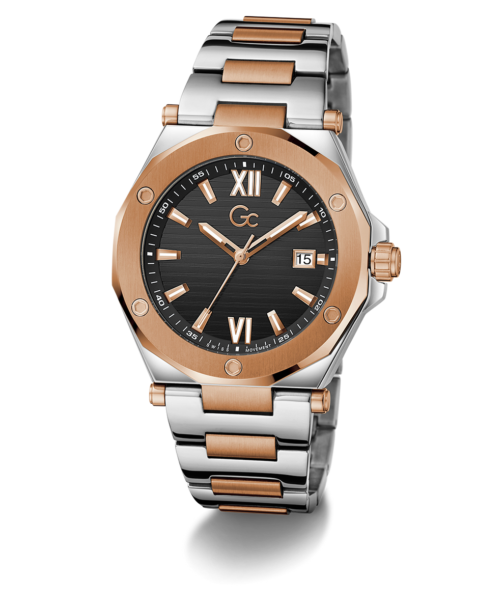 Gc Legacy Sleek Metal Two-tone watch with silver and rose gold band on a white background