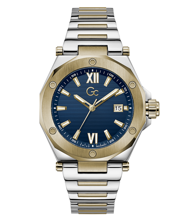 Gc Legacy Sleek Metal watch with blue dial and gold accents on a white background