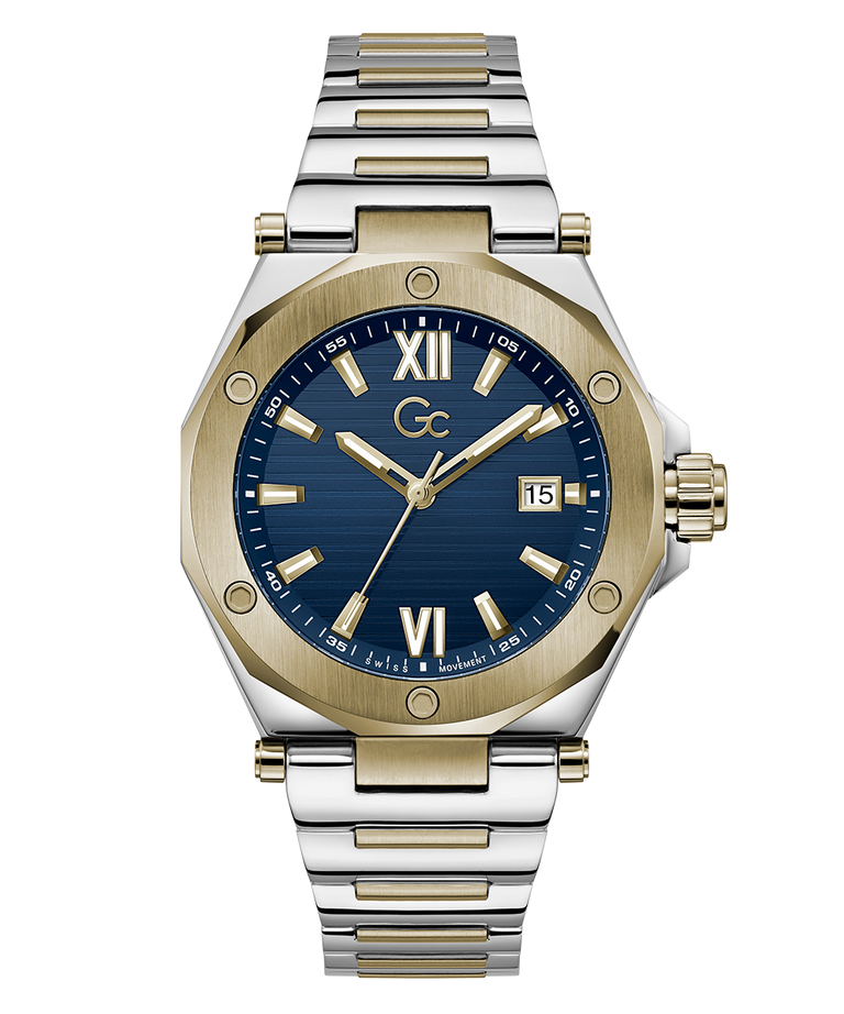 Gc Legacy Sleek Metal watch with blue dial and gold accents on a white background