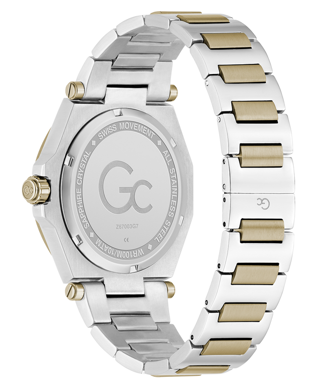 Caseback of Gc Legacy Sleek Metal Two-tone watch with silver and gold band on a white background