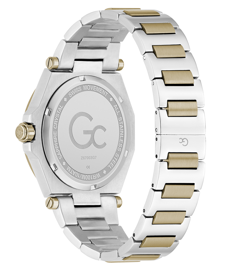 Caseback of Gc Legacy Sleek Metal Two-tone watch with silver and gold band on a white background