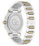 Caseback of Gc Legacy Sleek Metal Two-tone watch with silver and gold band on a white background