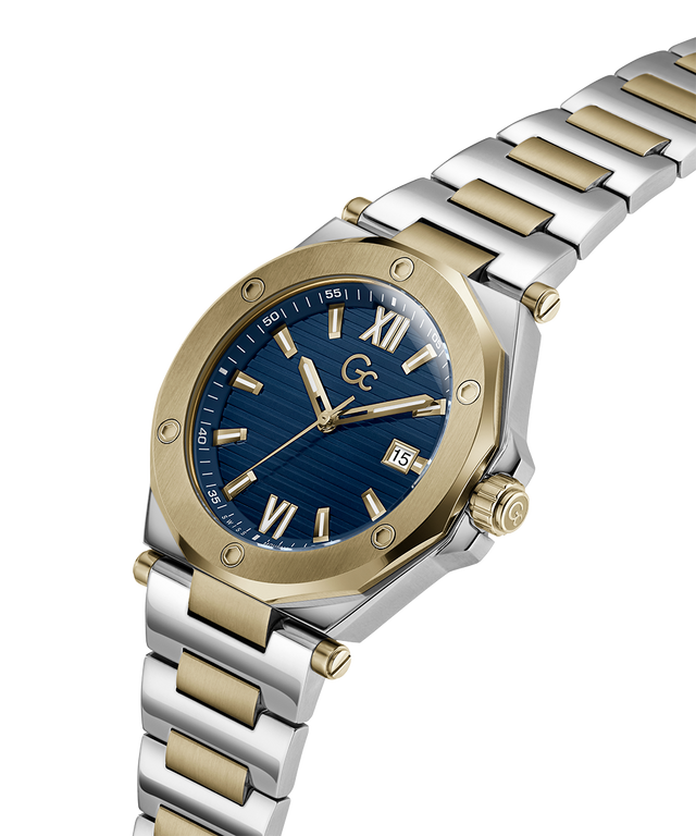 Two-tone watch with gold and silver band on a white background lifestyle