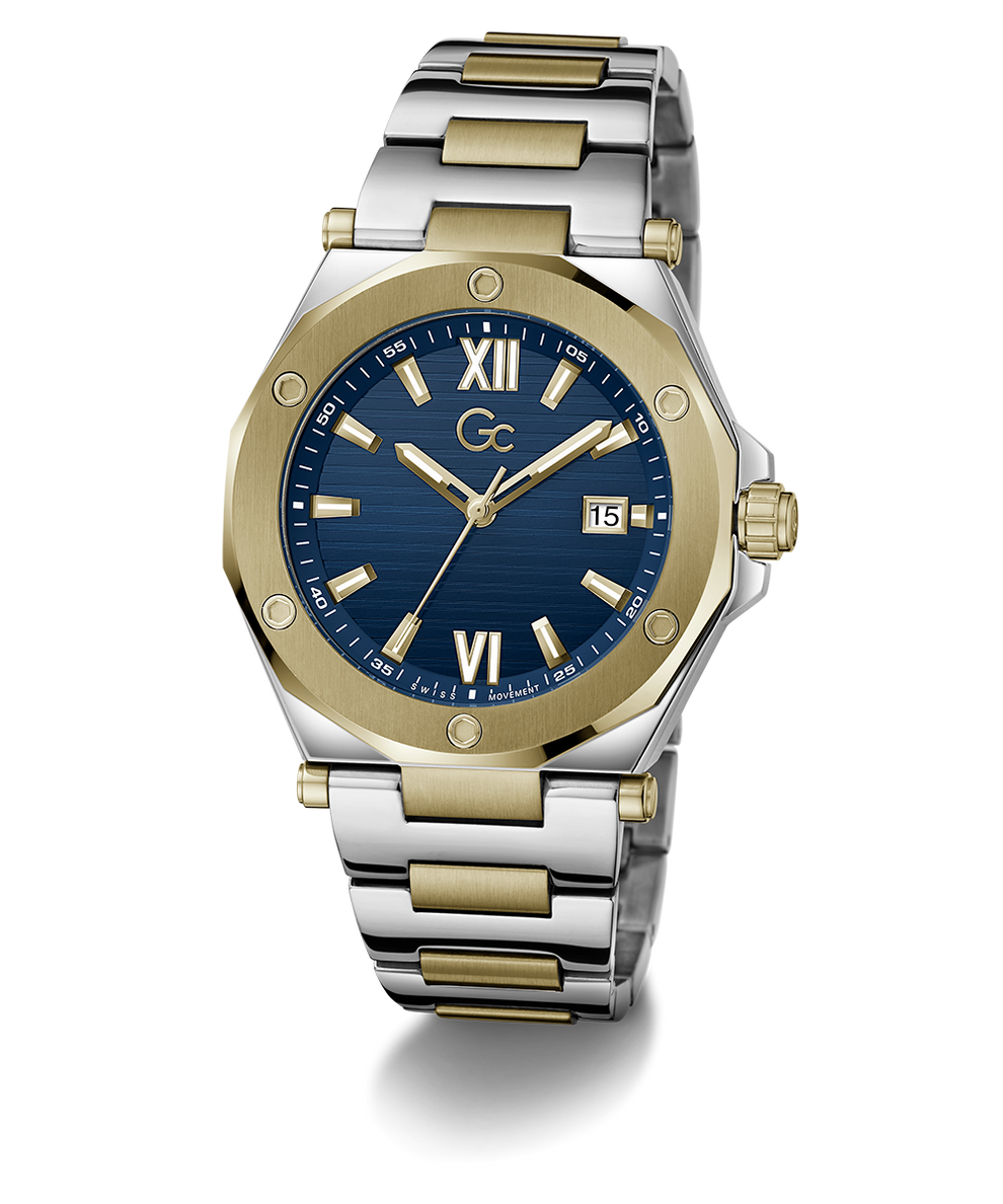 Gc Legacy Sleek Metal Two-tone silver and gold watch with a blue dial on a white background