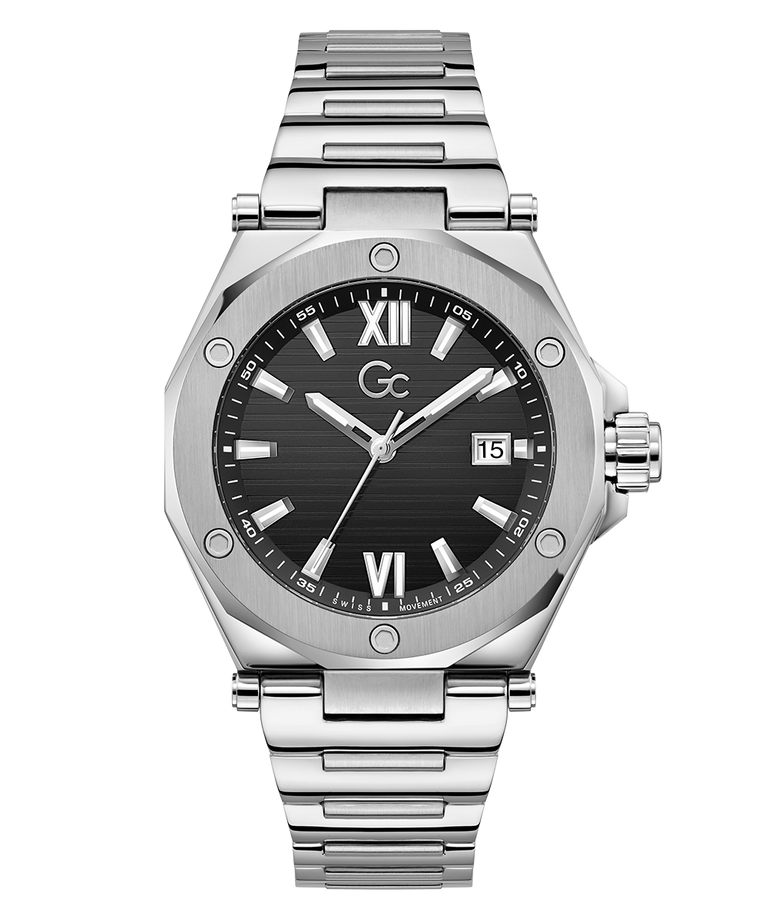 Gc Legacy Sleek Metal watch with black dial on a white background